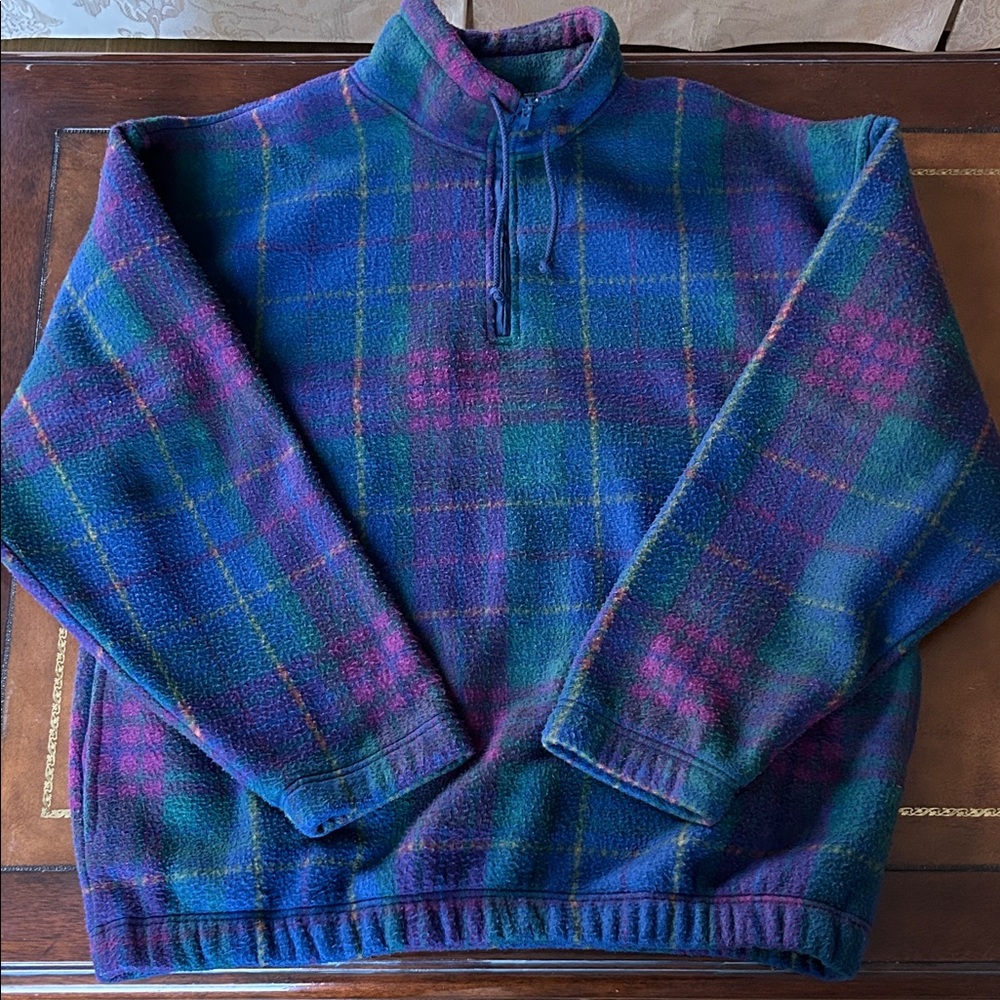 Men's Heavyweight Quarter-Zip Plaid Fleece Pullover in Blue & Green